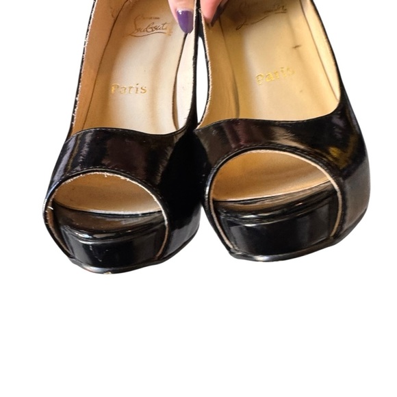Christian Louboutin - Black Patent Peep-Toe Stiletto Heels Red Soles Sz 38 - Picture 6 of 12